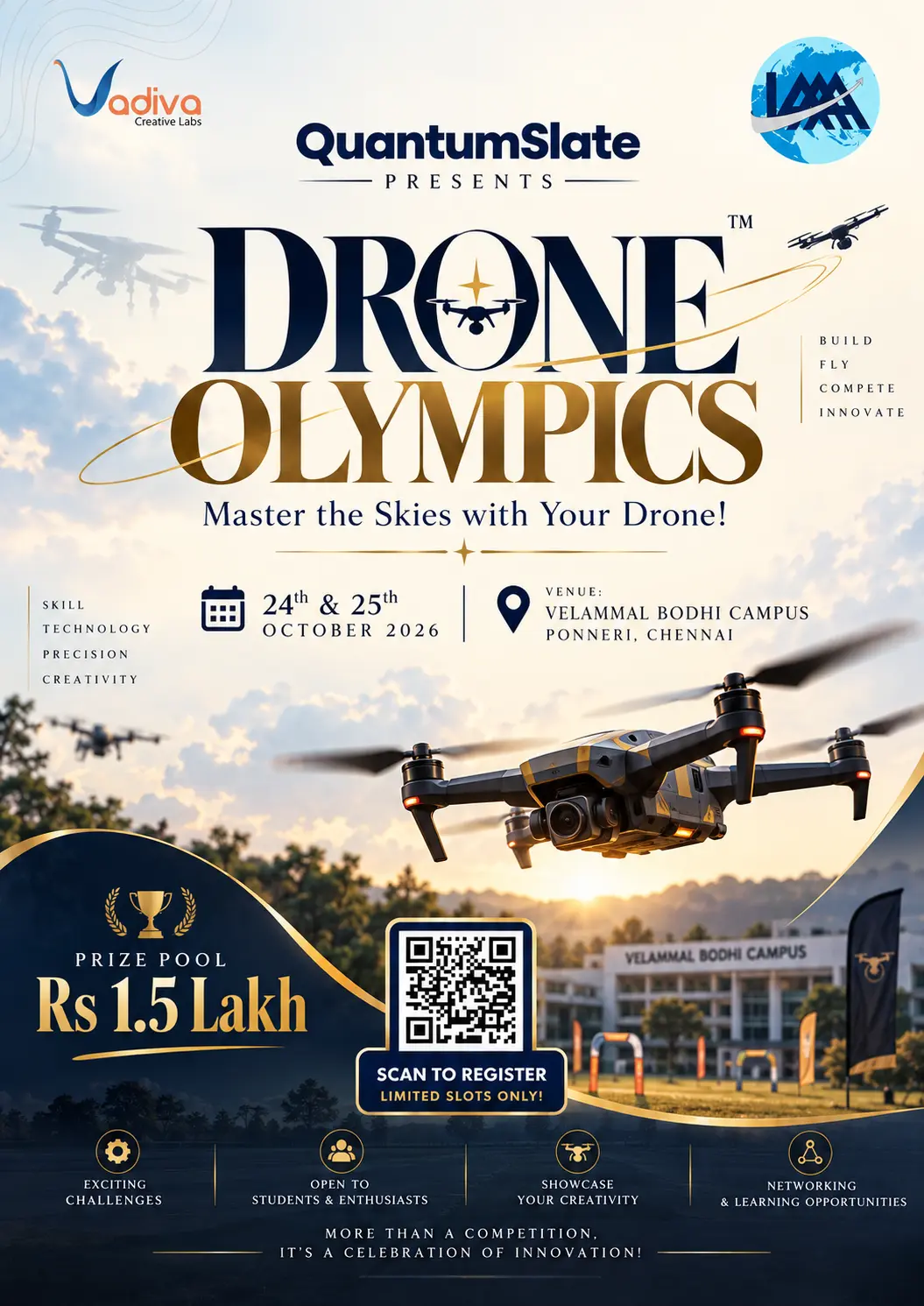 Drone Olympics 2026 poster — QuantumSlate presents the national drone flying competition at Velammal Bodhi Campus, Ponneri, Chennai